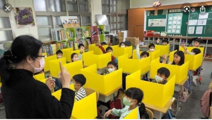 D'où vient cette photo d'une salle de classe équipée de paravents entre les élèves ?